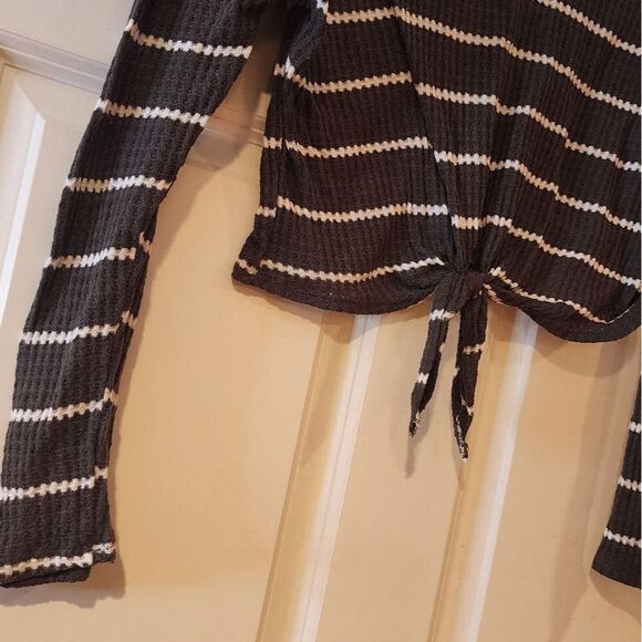 Caution to the Wind gray and white striped cropped long sleeve top M - Picture 3 of 4